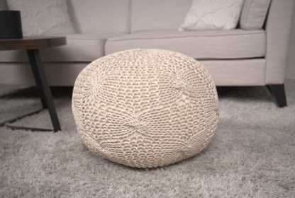 Bordeaux Knitted Cotton Round Pouf, Beige