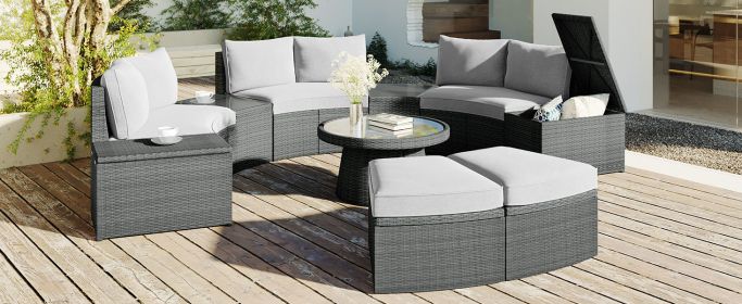 TOPMAX 10-Piece Outdoor Sectional Half Round Patio Rattan Sofa Set, PE Wicker Conversation Furniture Set for Free Combination, Light Gray