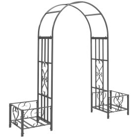 Outsunny 6.7' Steel Garden Arch Arbor with Scrollwork Hearts, Planter Boxes for Climbing Vines, Ceremony, Weddings, Party, Backyard, Lawn, Dark Gray