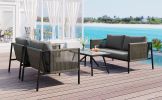 GO 4-Piece Rope Sofa Set with Thick Cushions and Toughened Glass Table, All-Weather Patio Furniture Set For 4 Person With Loveseat, Gray