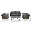 GO 4-Piece Rope Sofa Set with Thick Cushions and Toughened Glass Table, All-Weather Patio Furniture Set For 4 Person With Loveseat, Gray