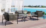 GO 4-Piece Rope Sofa Set with Thick Cushions and Toughened Glass Table, All-Weather Patio Furniture Set For 4 Person With Loveseat, Gray