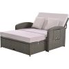 PE Wicker Rattan Double Chaise Lounge; 2-Person Reclining Sunbed with 3-Height Adjustable Back; Free Furniture Protection Cover