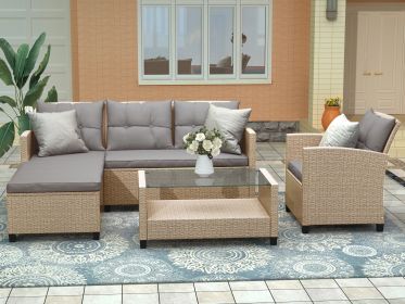 Outdoor;  Patio Furniture Sets;  4 Piece Conversation Set Wicker Ratten Sectional Sofa with Seat Cushions (Color: beige brown)