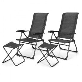 4 Pieces Patio Adjustable Back Folding Dining Chair Ottoman Set (Color: Gray)