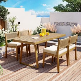 U_Style Multi-person Outdoor Acacia Wood Dining Table and Chair Set, Thick Cushions, Suitable for Balcony, Vourtyard, and Garden. (Color: as Pic)